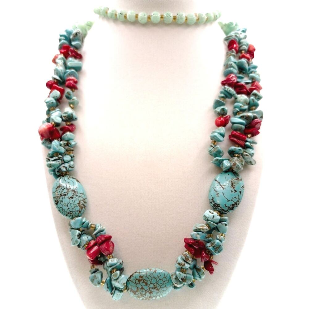 30 Inches Long Necklace Turquoise, Red Coral and Lucite Beads
